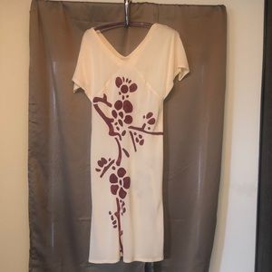 Elizabeth Lau Silk Cream Dress W/ Painted Flowers